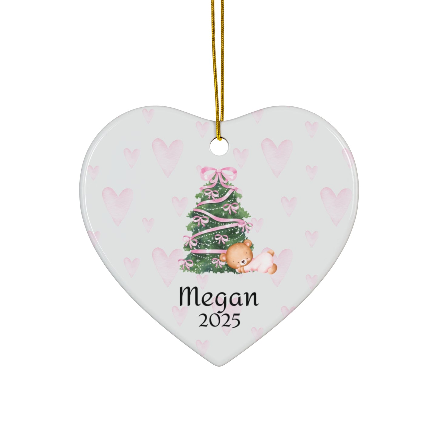 Baby’s Personalized Ornament – Pink Hearts (Heart Shape)