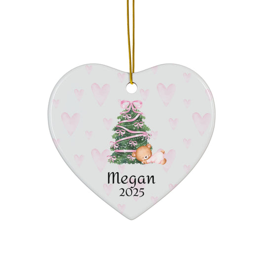 Baby’s Personalized Ornament – Pink Hearts (Heart Shape)