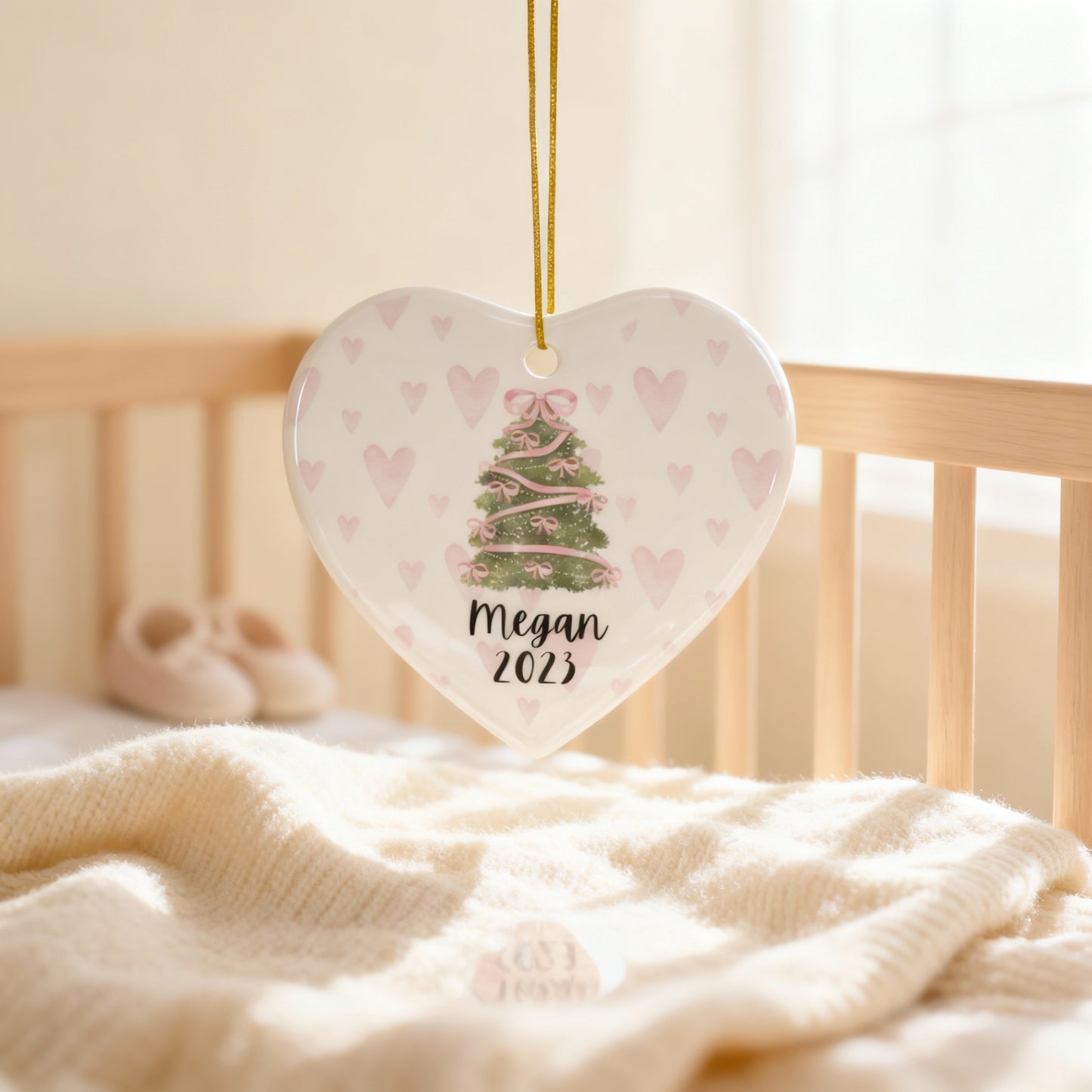 Baby’s Personalized Ornament – Pink Hearts (Heart Shape)