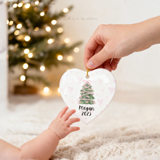 Baby’s Personalized Ornament – Pink Hearts (Heart Shape)
